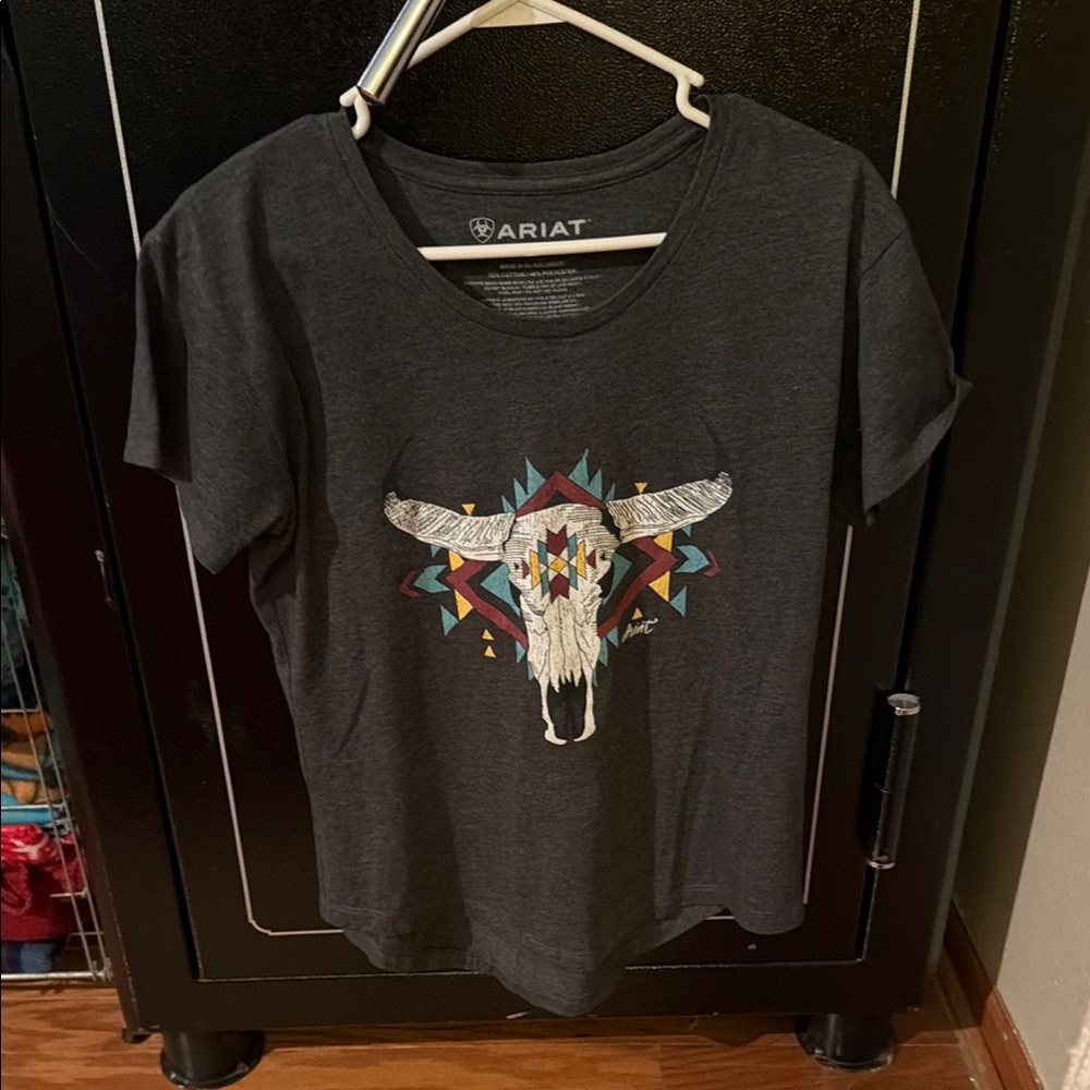 Ariat Women’s Charcoal Tee with Colorful Southwestern Steer Skull